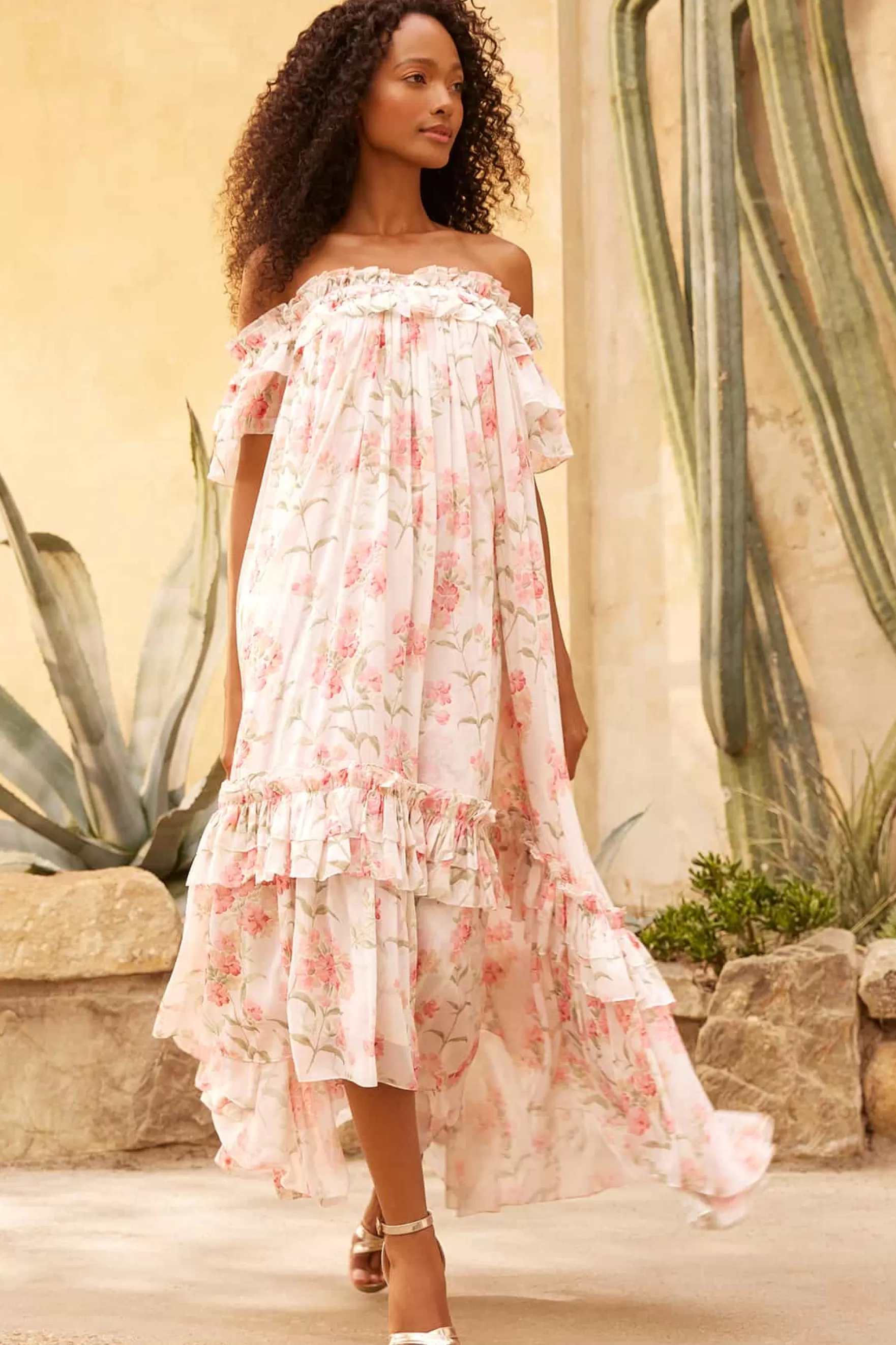 Needle & Thread Wedding Guest | Plus Size>Summer Posy Aria Chiffon Off-Shoulder Ankle Gown Multi