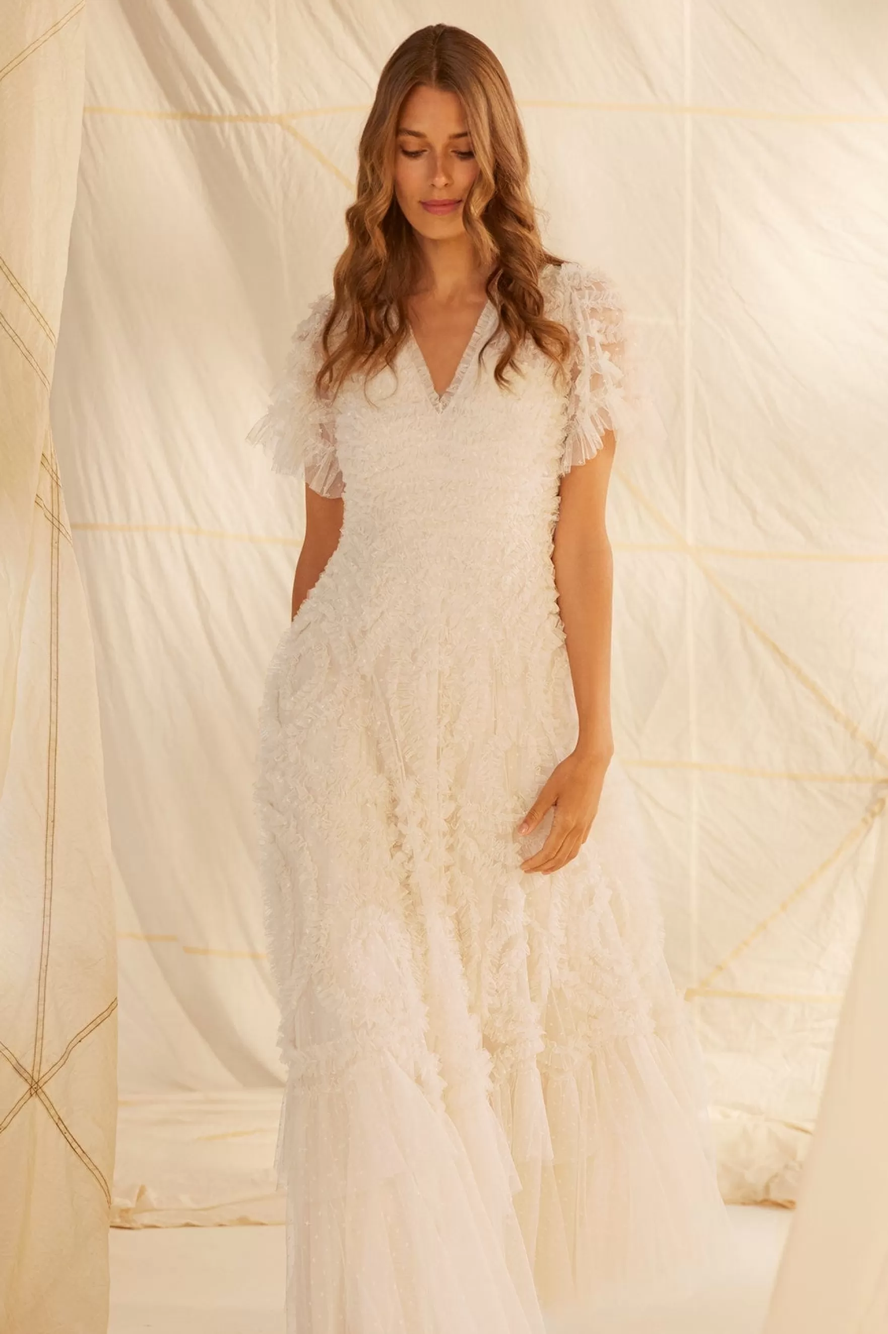 Needle & Thread Bridal | Plus Size>Verity Ruffle V-Neck Gown Champagne