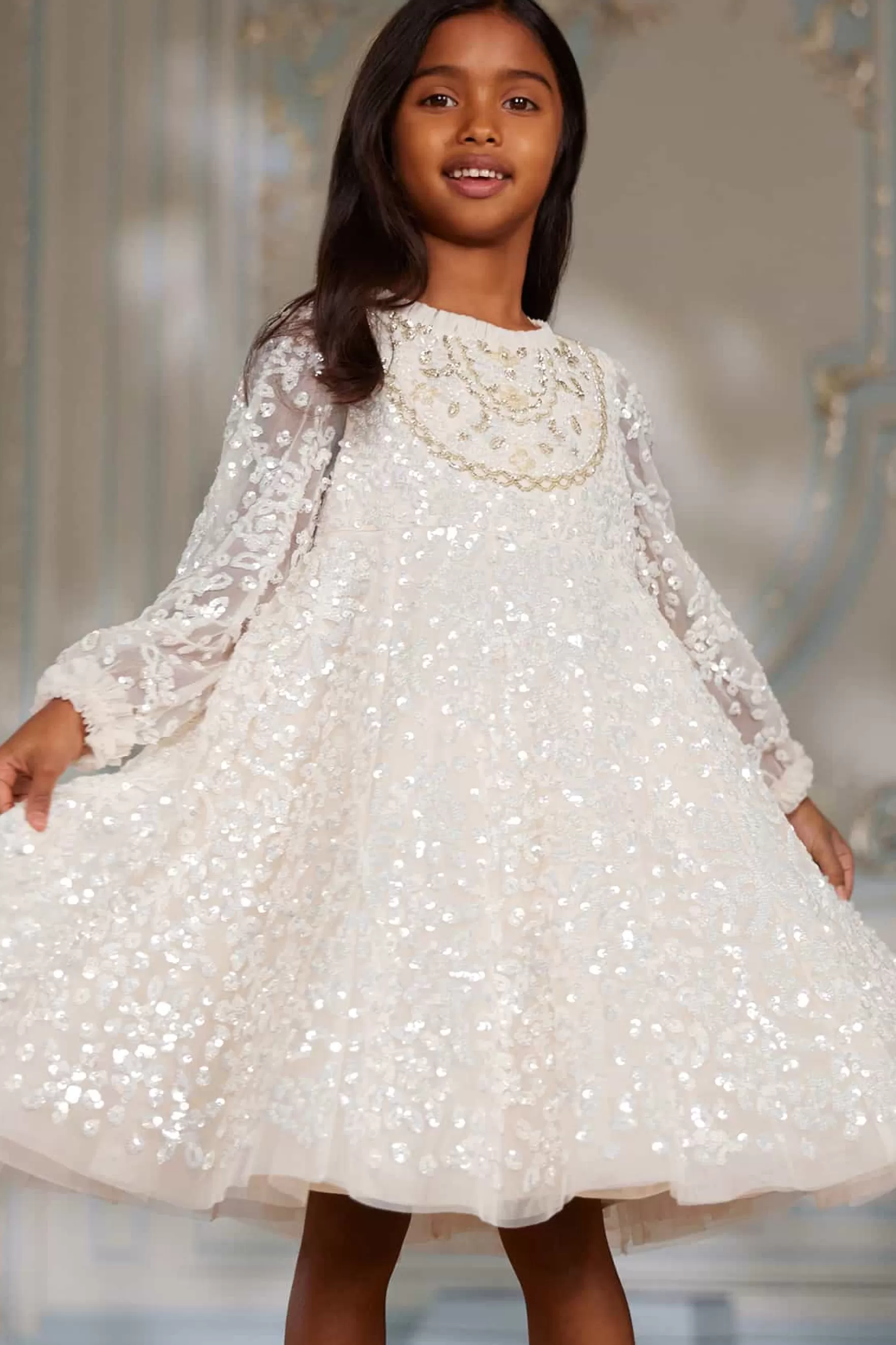 Needle & Thread Flower Girl | Flower Girl>Victorian Wreath Gloss Kids Dress Champagne