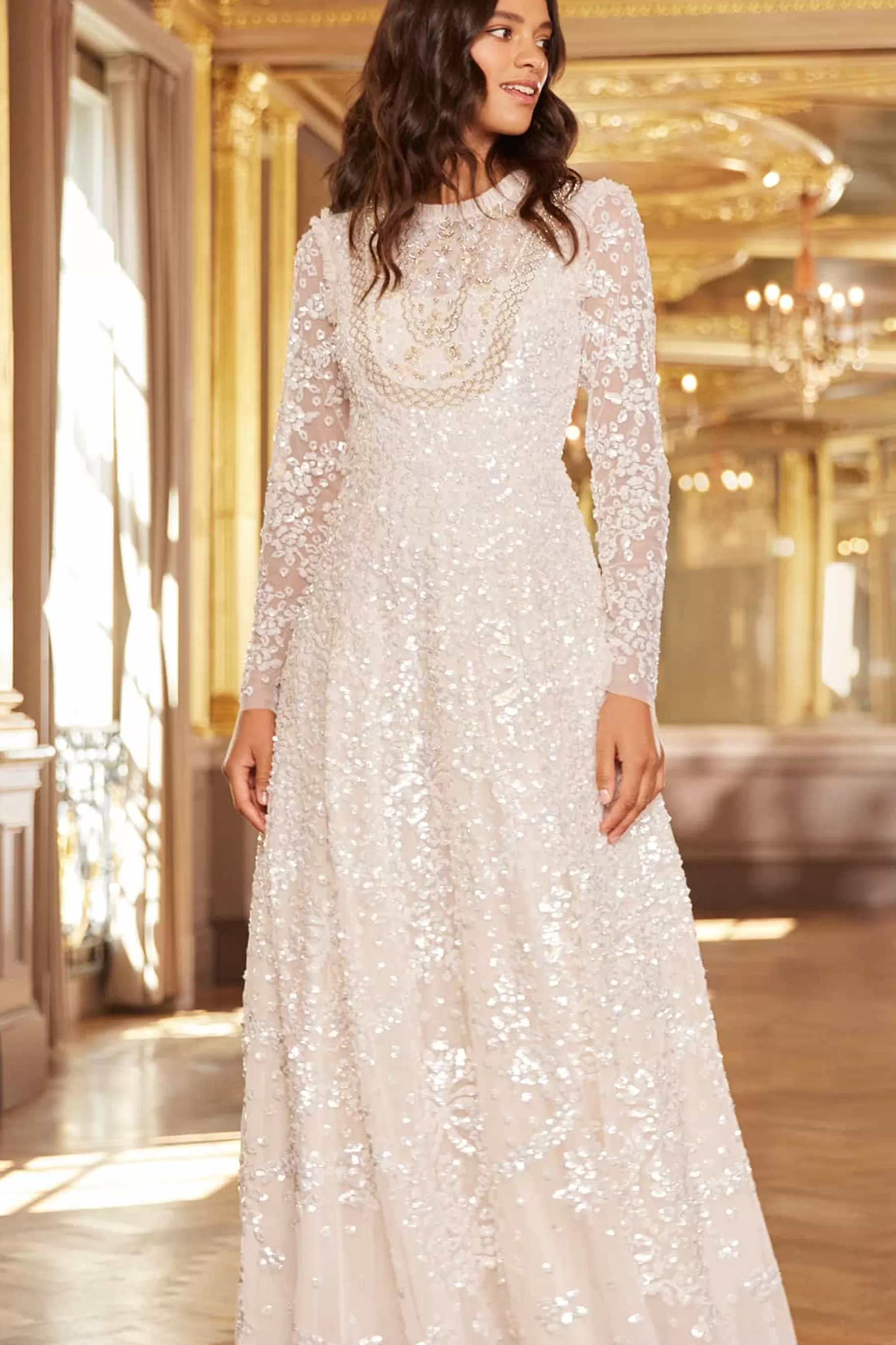 Needle & Thread Bridal | Mummy & Me>Victorian Wreath Gloss Long Sleeve Gown Champagne