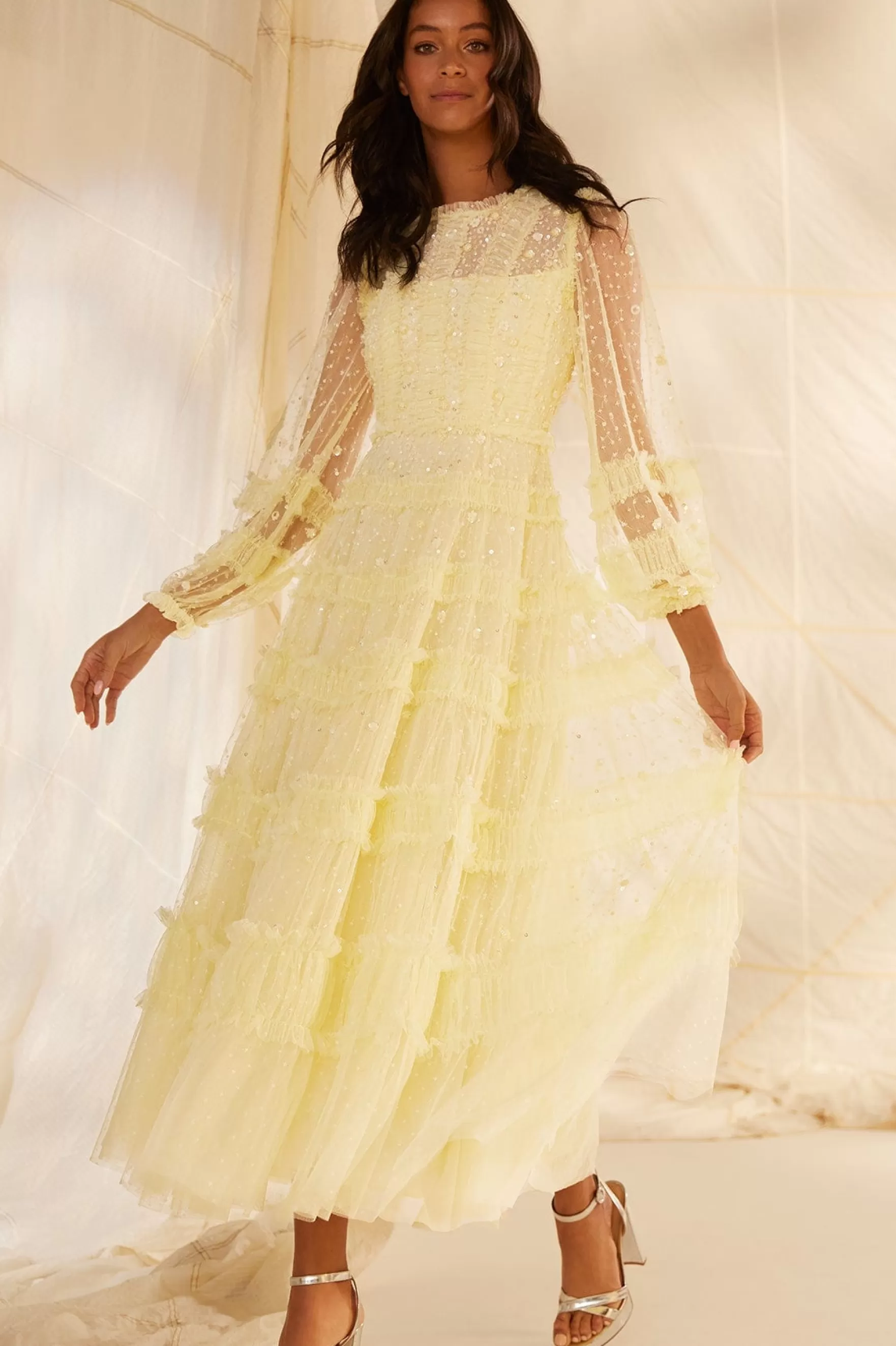 Needle & Thread Evening Dresses | Embellished Dresses>Violet Shimmer Ankle Gown Yellow