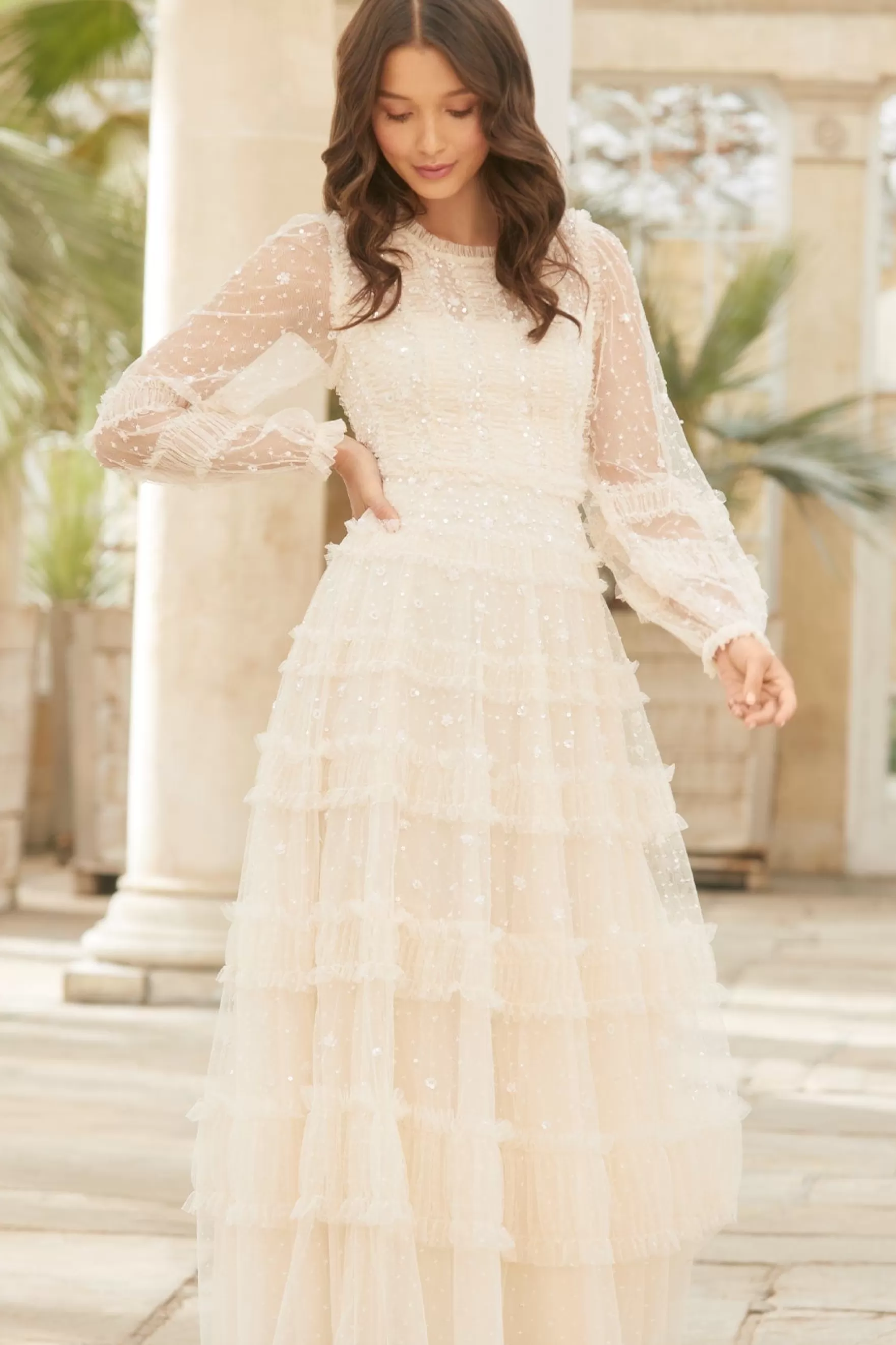 Needle & Thread Bridal | Embellished Dresses>Violet Shimmer Ankle Gown Champagne