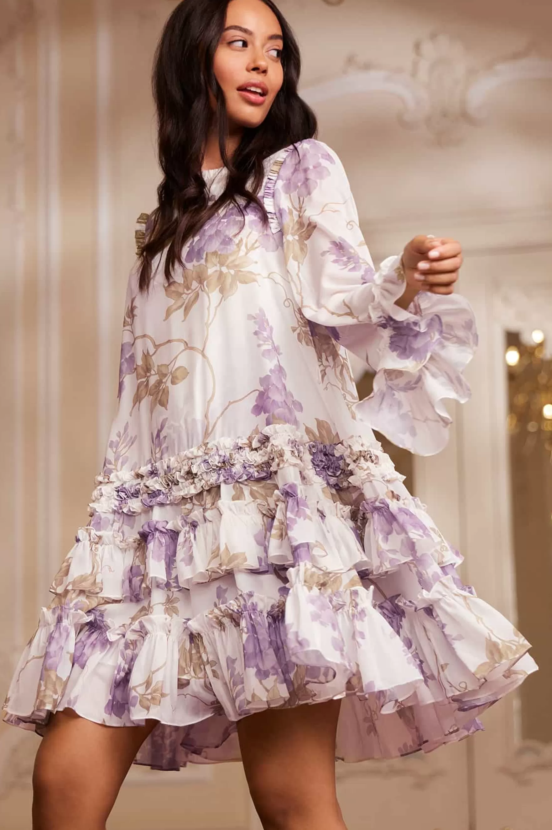 Needle & Thread Wedding Guest | Mini Dresses>Wisteria Chiffon Round Neck Mini Dress Multi
