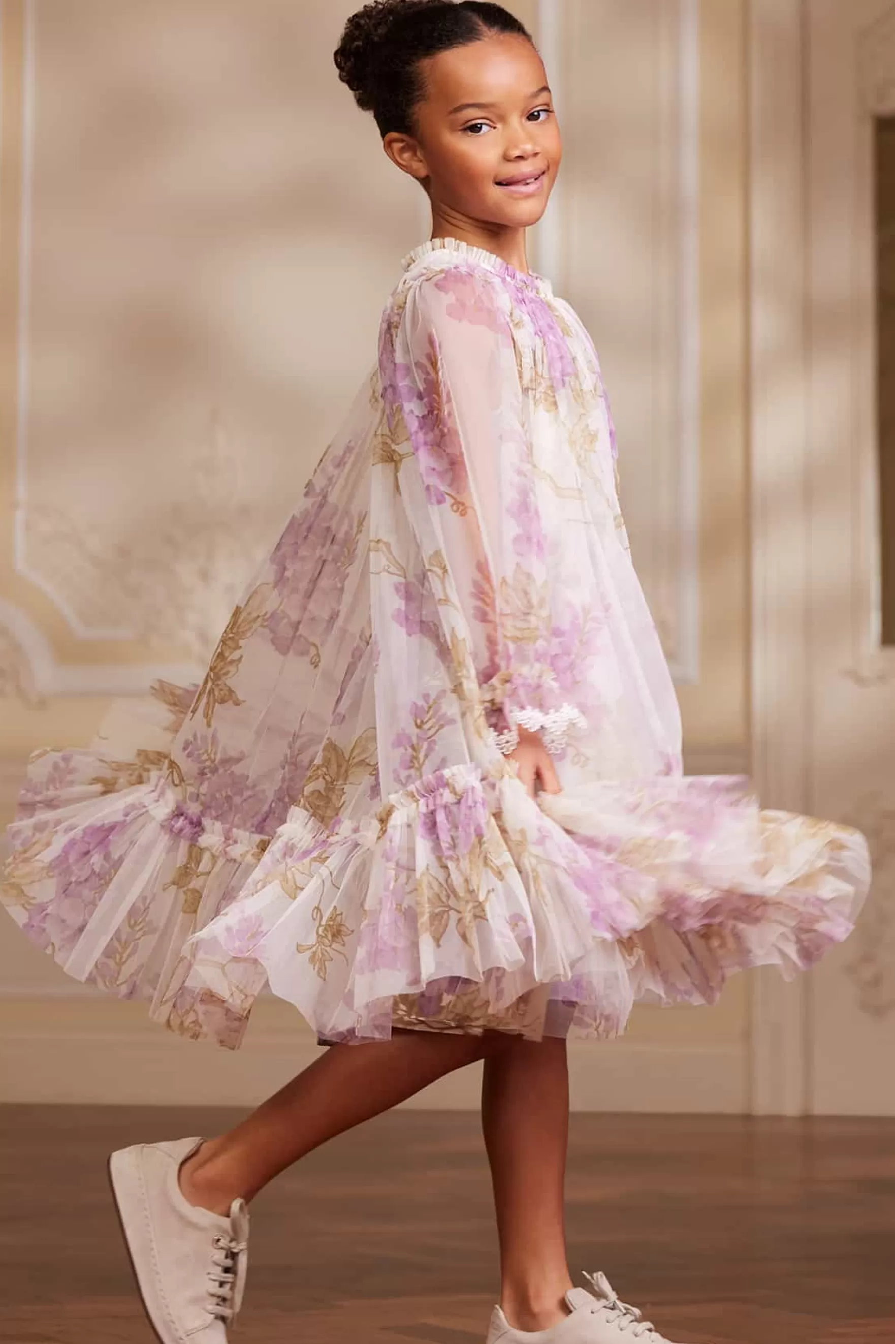 Needle & Thread Printed Dresses>Wisteria Long Sleeve Kids Dress Multi
