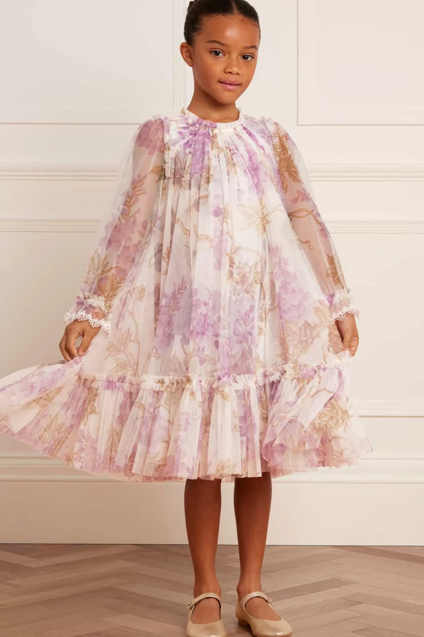 Needle & Thread Printed Dresses>Wisteria Long Sleeve Kids Dress Multi